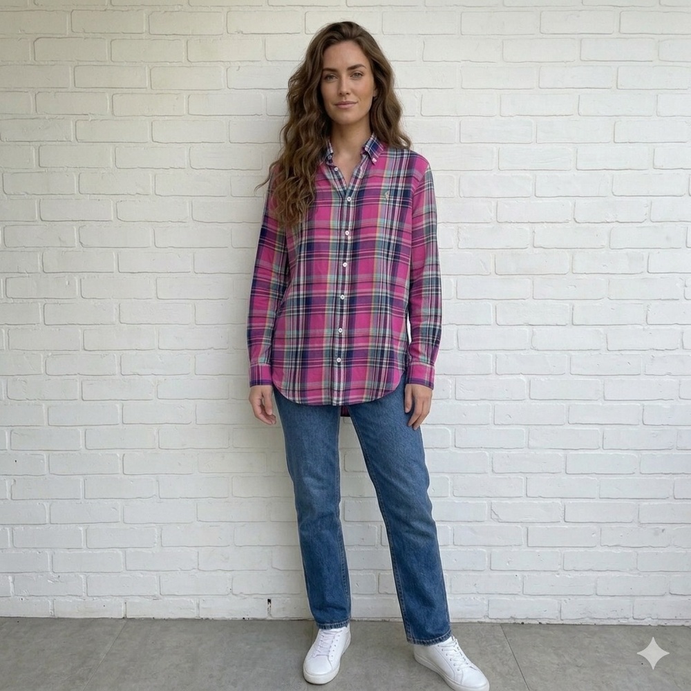 Ralph Lauren Pink Plaid Button-Down Shirt vintage w/ yellow polo horse